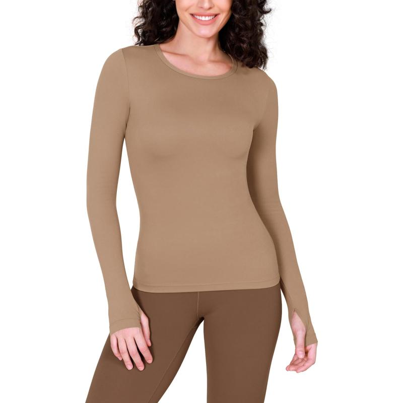 ODODOS ODCLOUD Crew Neck Long Sleeve Shirts with Thumb Hole for Women Yoga  Tee Workout Tops(Light Brown) - ODODOS